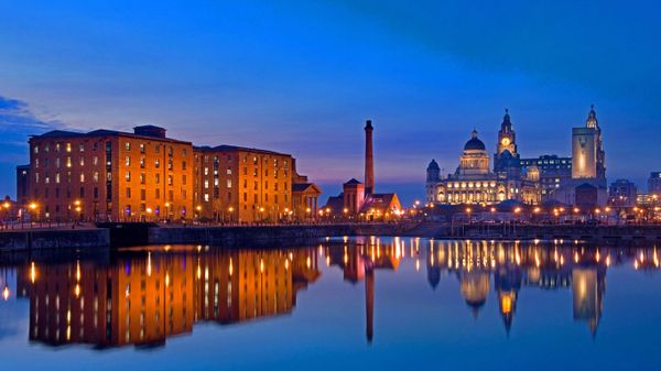 Liverpool, England, seen from the waters of the River Mersey