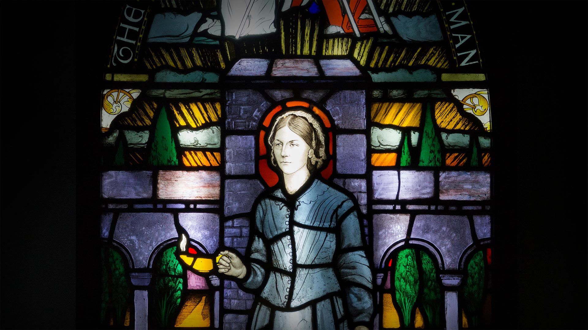 Painted and leaded glass window panel at the Florence Nightingale Museum, London