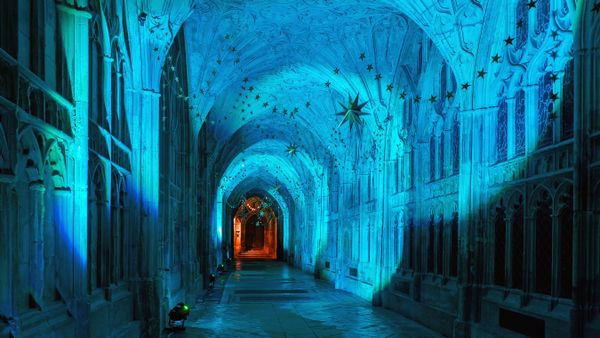 Christmas decorations in the medieval cloister at Gloucester Cathedral