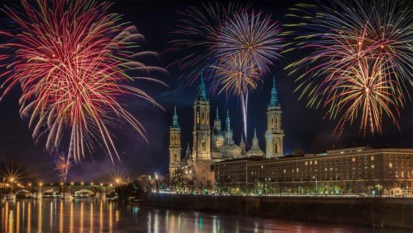 Fireworks during a New Year\'s Eve celebration in Zaragoza, Spain