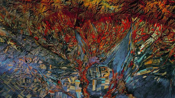 Landsat 8 satellite’s infrared photo of fields in Kazakhstan