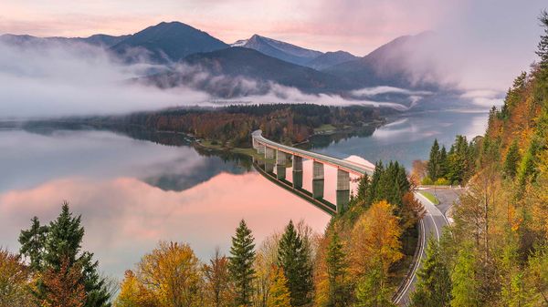 Sylvenstein Lake and bridge, Bad Toelz-Wolfratshausen district, Bavaria, Germany