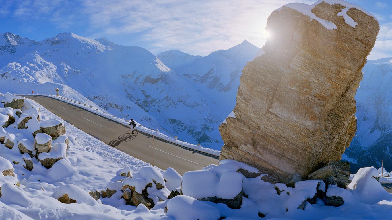 Cyclist on Grossglockner High Alpine Road, Carinthia, Austria