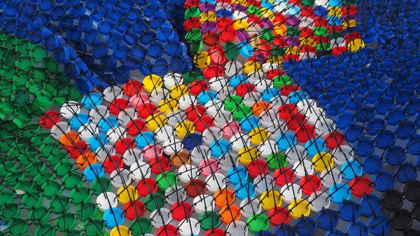 Bottle caps in a sculpture by Kerrie Argent at Cottesloe, Western Australia