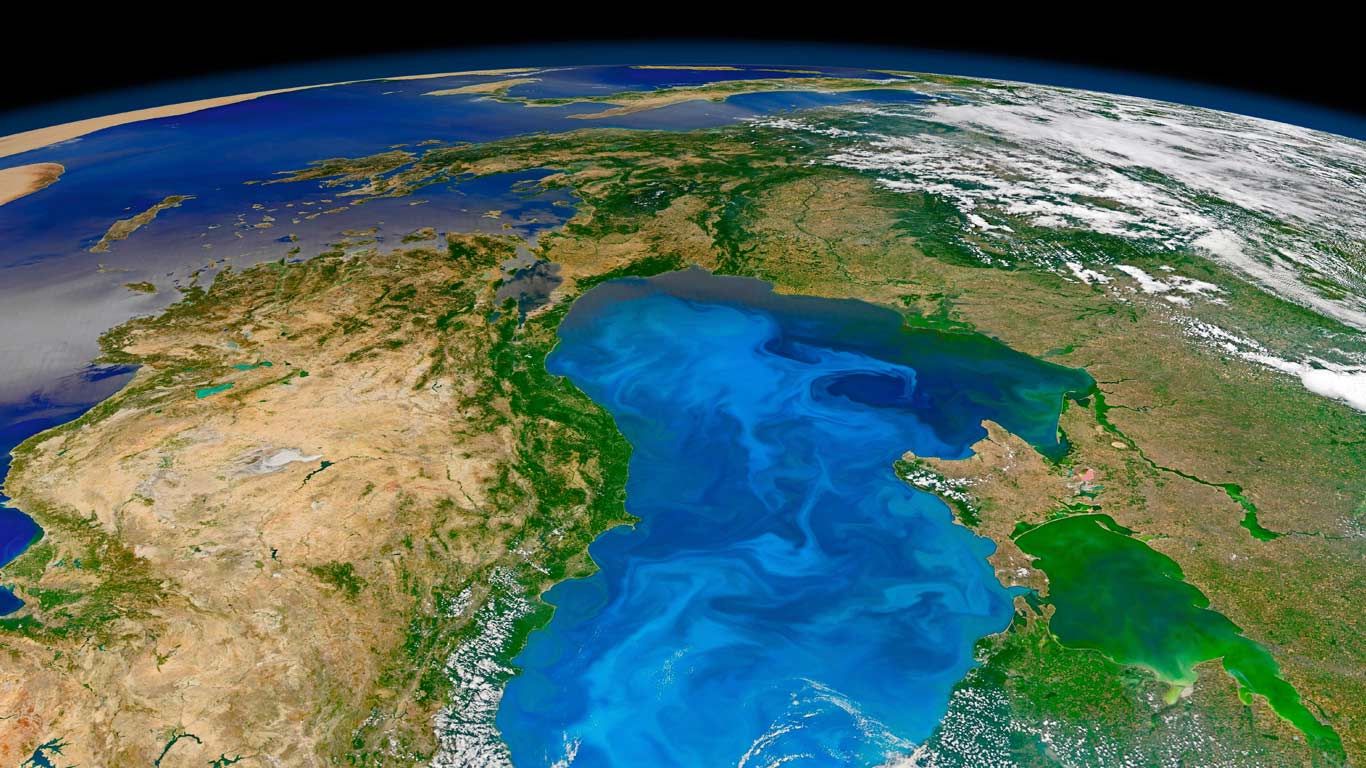 Bloom of microscopic phytoplankton scattered across the surface of the Black Sea
