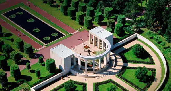 Aerial view of the Normandy American Cemetery and Memorial near Omaha Beach, Colleville sur Mer, Calvados, France