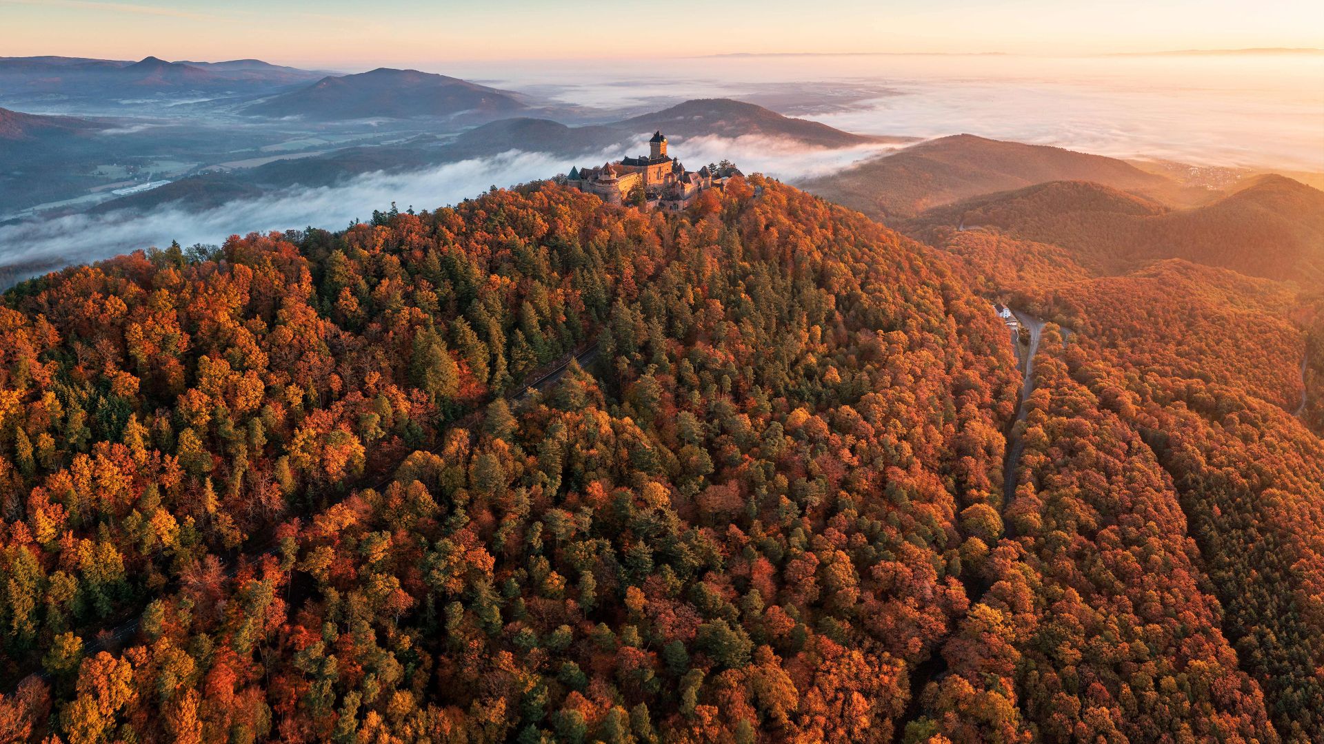 Château du Haut-Koenigsbourg au lever du soleil, à Orschwiller, Alsace, Grand Est