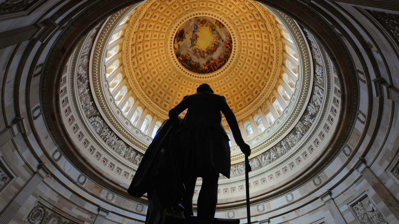 Bronze statue of George Washington in the Capitol rotunda in Washington, DC
