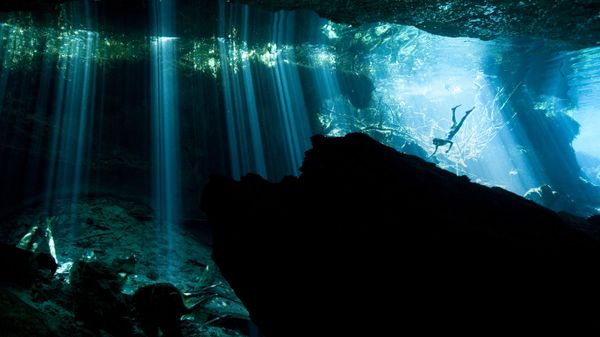 Diver in a cenote near Akumal, Mexico