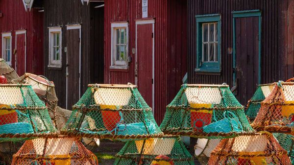 Crab traps and fishermen’s sheds in seaside village of Victoria By The Sea, Prince Edward Island, Canada