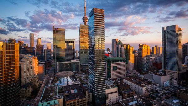View of modern buildings at sunset in downtown Toronto