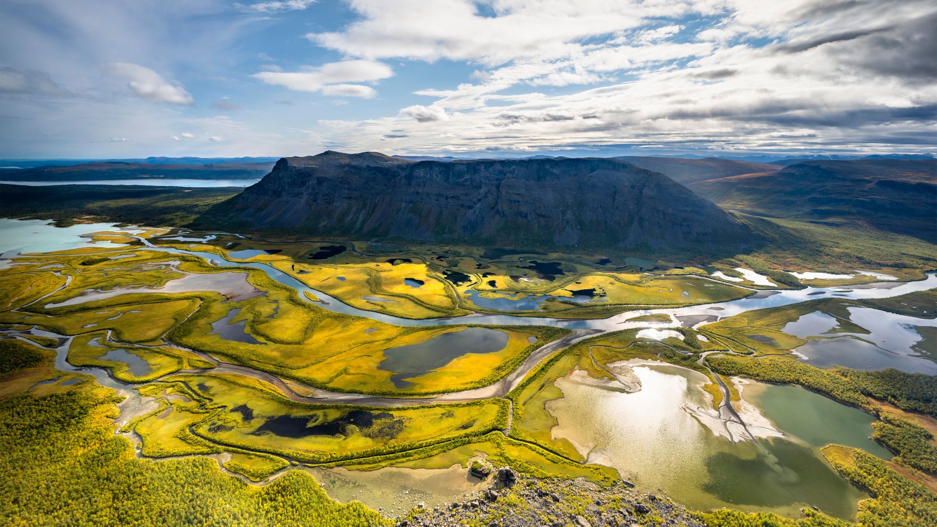 View from Skierffe Mountain over the Rapadalen river delta, Sarek National Park, Laponia, Lapland, Sweden