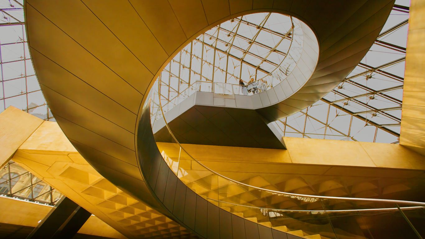 Stairs under Pyramid at the Louvre Museum in Paris, France