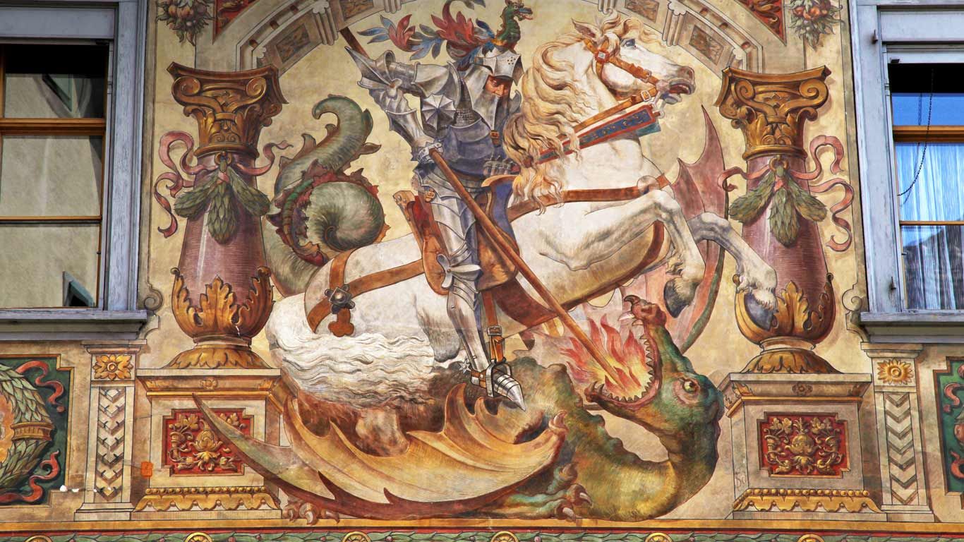 St George and the Dragon fresco on a medieval building in Stein am Rhein, Switzerland