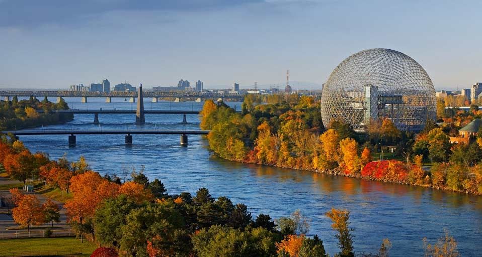 The geodesic dome of the Montreal Biosphere on Sainte Helene Island in Montreal, Quebec, Canada
