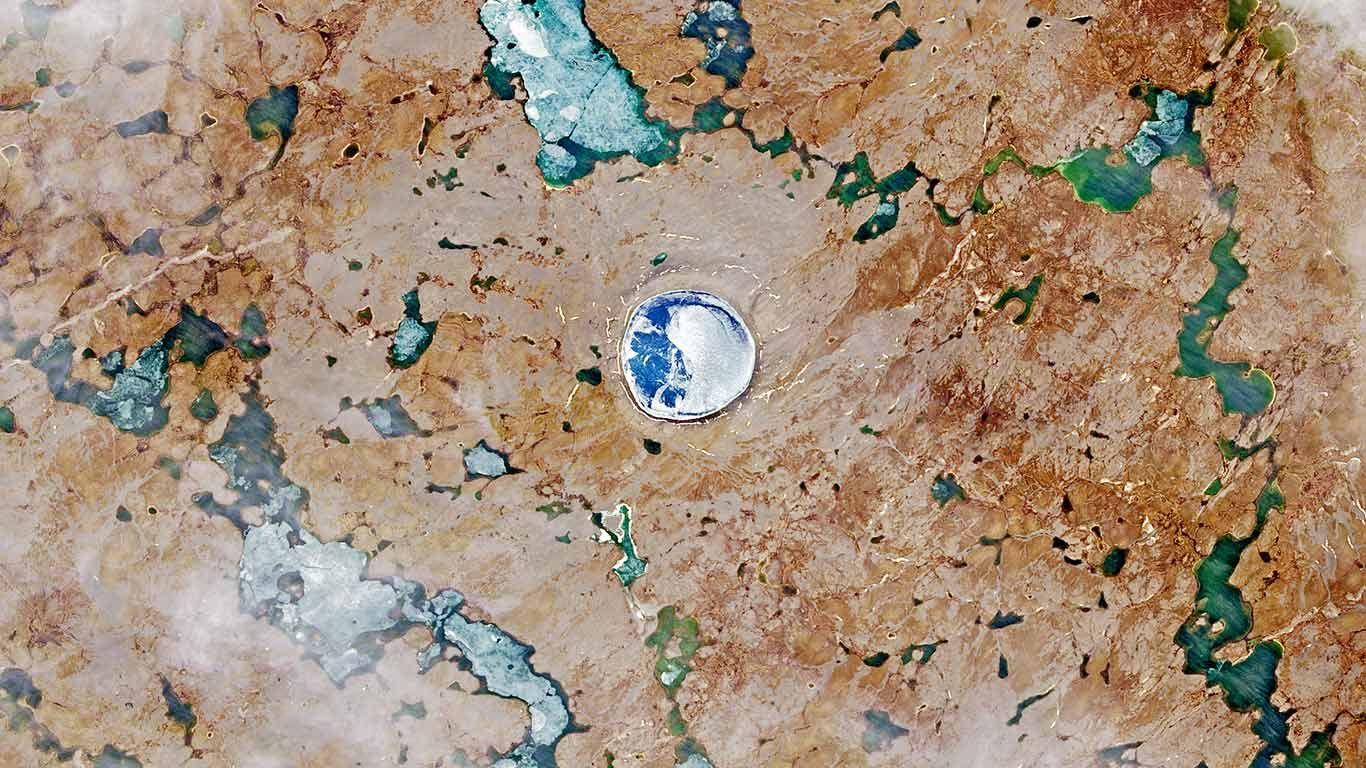 A satellite image of the Pingualuit asteroid impact crater in Quebec
