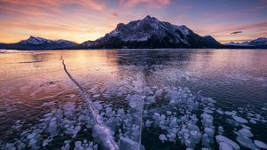 麦切纳山和结冰的亚伯拉罕湖，加拿大艾伯塔省 (© Tom Mackie/plainpicture)(Bing China)