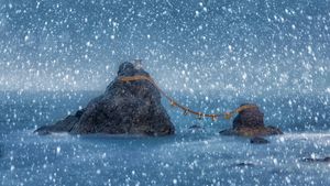 Meoto Iwa (Les rochers mariés) au large de la côte d’Ise, préfecture de Mie, Honshu, Japon (© Marco Gaiotti/plainpicture)(Bing France)