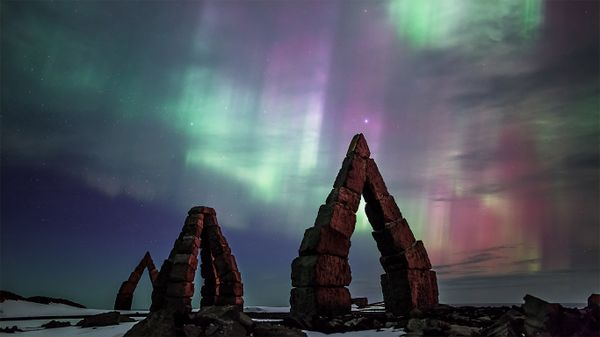 Aurora borealis over the Arctic Henge in Raufarhöfn, Iceland