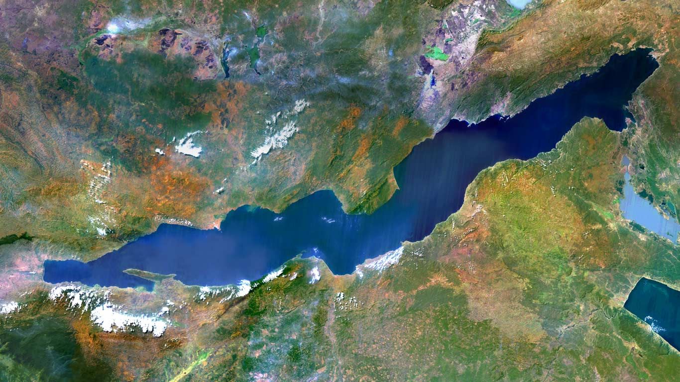 Lake Tanganyika, an African Great Lake divided between four countries: Burundi, Democratic Republic of the Congo (DRC), Tanzania, and Zambia