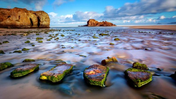 The stepping stones on Perranporth beach, Cornwall, England
