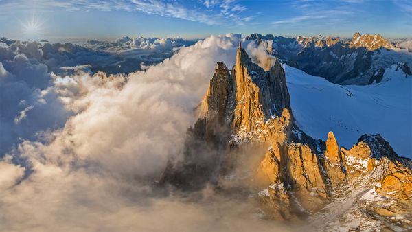 Aerial view of the Aiguille du Midi in the Mont Blanc massif, France