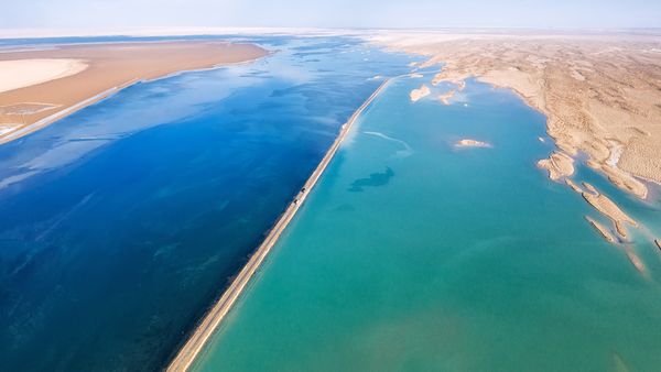 Highway through Xitai Jinaier Lake, Qinghai Province, China