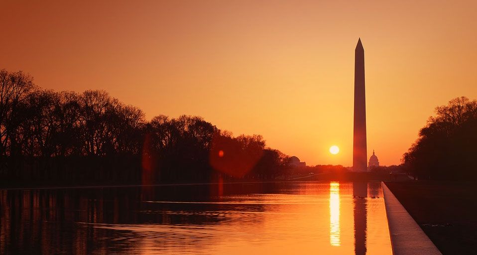 Sunset on the Washington Monument & Reflecting Pool in Washington, D.C.
