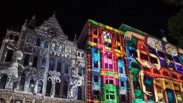 Buildings illuminated for White Night in Melbourne, Australia