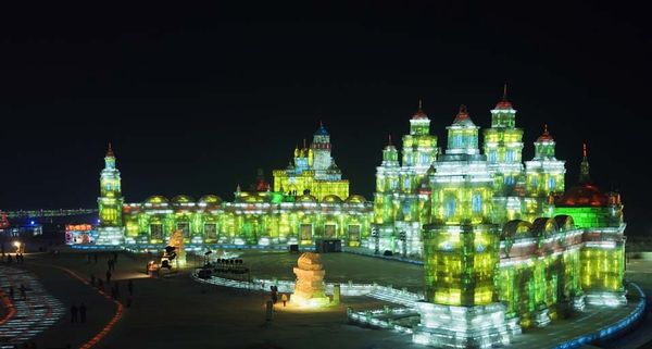 Colorful ice sculptures at the Harbin International Ice and Snow Sculpture Festival in Harbin, Heilongjiang Province, China