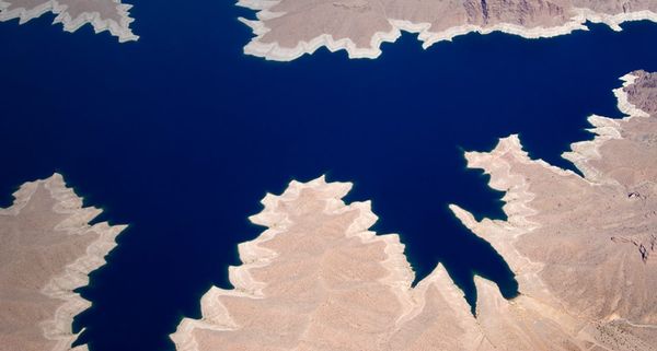 Aerial view of Lake Mead and land erosion near the border of Arizona and Nevada, USA