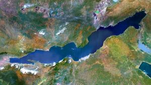 Lake Tanganyika, an African Great Lake divided between four countries: Burundi, Democratic Republic of the Congo (DRC), Tanzania, and Zambia (© Planet Observer/Getty Images)(Bing Australia)