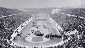 Opening ceremony of the 1896 Olympic Games in Panathinaiko Stadium, Athens, Greece (© Eye Ubiquitous/UIG/Getty Images)(Bing Australia)
