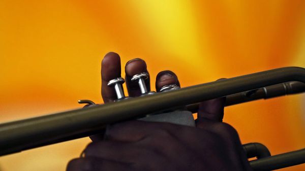 A member of the Pin Stripe Brass Band plays the trumpet during King's Day festivities in New Orleans, 2015