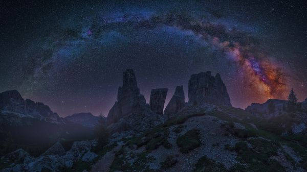 Dolomite Mountains at night with the Milky Way, Italy