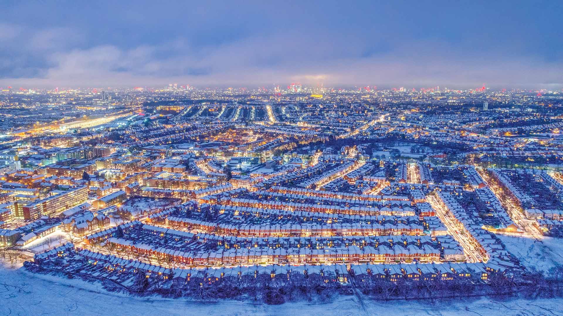 Aerial view of Hornsey, Crouch End and the City of London