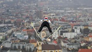 German ski jumper Markus Eisenbichler competing in the Four Hills Tournament, Innsbruck, Austria, on January 3, 2018 (© Daniel Karmann/picture alliance via Getty Images)(Bing United States)