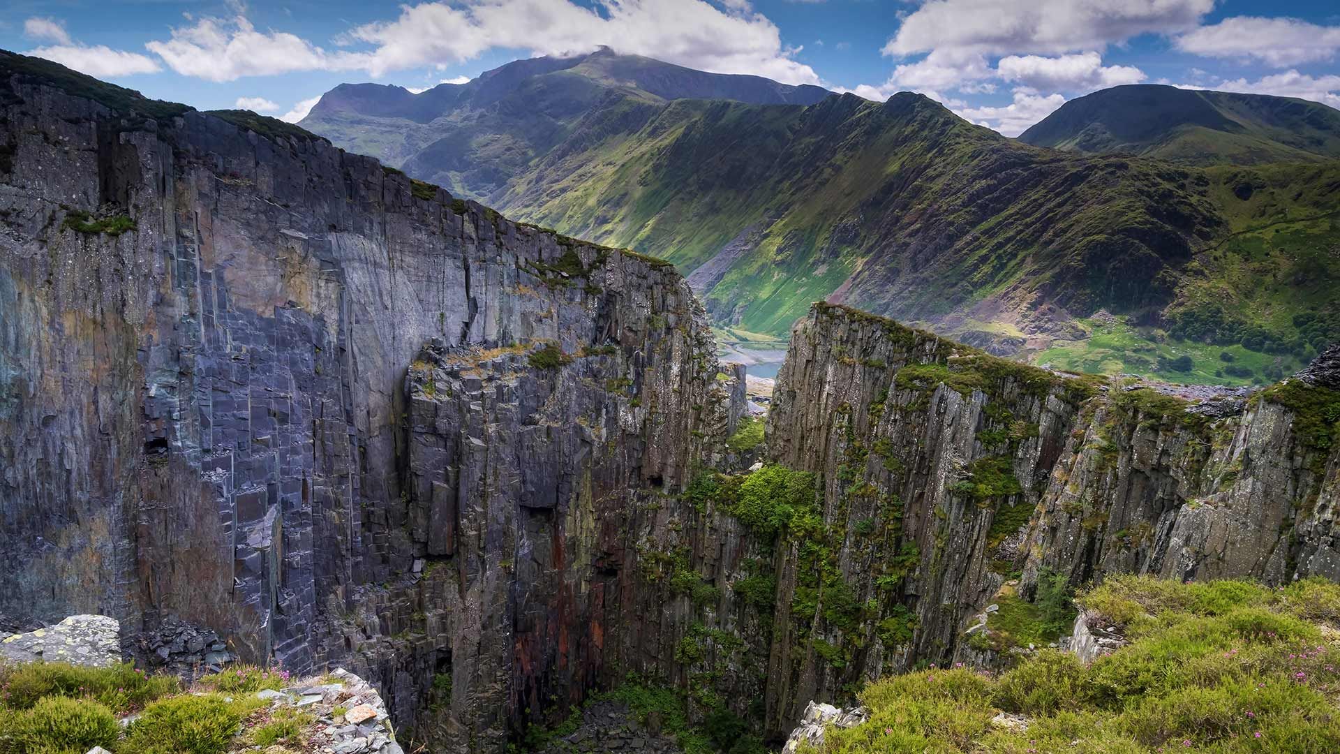 Mount Snowdon and the Llanberis Pass from Dinorwic Slate Quarry, Snowdonia National Park, Gwynedd