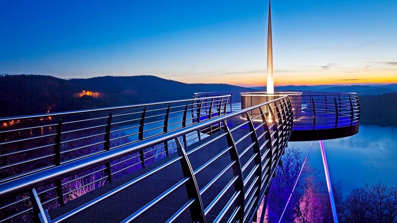 Skywalk Biggeblick at sunset, Attendorn, Sauerland, North-Rhine-Westphalia, Germany