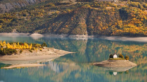 Lake Serre-Ponçon and Saint-Michel Chapel, Hautes-Alpes, France