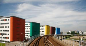 View of the University of East London from a train on the Docklands Light Railway at Beckton, England (© Ricky Leaver/Corbis) &copy; (Bing United Kingdom)