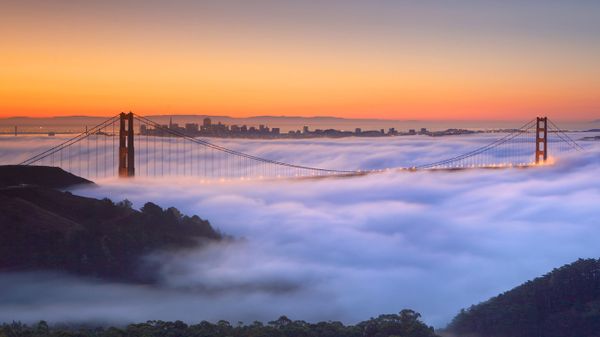 A fog-shrouded Golden Gate Bridge in San Francisco, USA