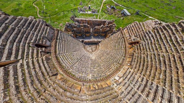 Aerial view of the theater at the ancient city of Hierapolis, adjacent to Pamukkale, Turkey