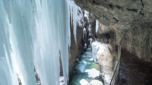 View of icicles in Partnachklamm Gorge, Garmisch-Partenkirchen, Bavaria, Germany