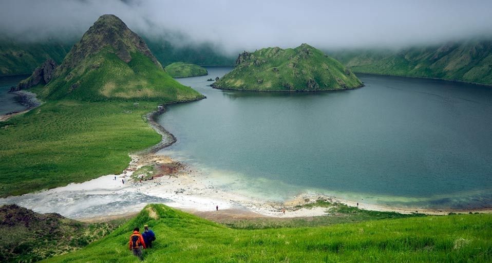 Geothermal landscape and volcanic caldera, Kuril Islands, Sakhalin Oblast, Russia