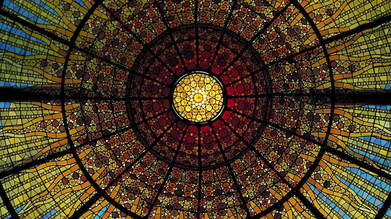 Stained-glass ceiling of the Palau de la Musica Catalana, Barcelona, Spain