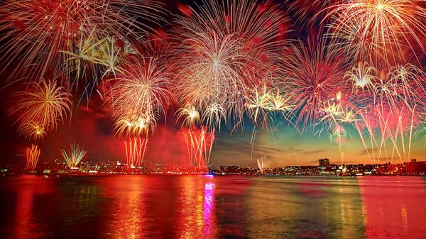 Fireworks display in New York City as seen over the Hudson River from Hoboken, New Jersey