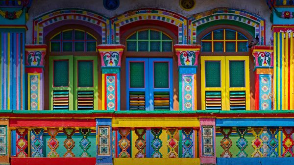 Colourful façade of a building in Little India, Singapore