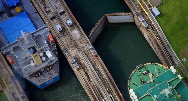 Aerial of two vessels during manoeuvres in Gatun Locks, Panama Canal