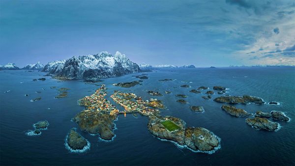Fishing village of Henningsvær with Henningsvær Idrettslag Stadion, Nordland, Norway